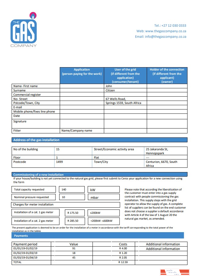 South Africa The GAS Company gas utility bill template in Word and PDF format